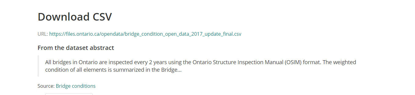 A screenshot of the file description page when the file is not in a format or structure the catalogue can easily transform. The file name, text description, and web address is found at the top. There is no section for visualizations below.